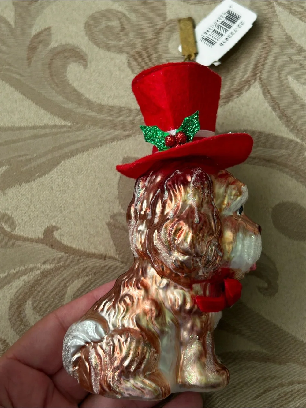 NWT Katherines Collection Christmas Ornaments Glass Puppy Dog Red Felt Hat Holly